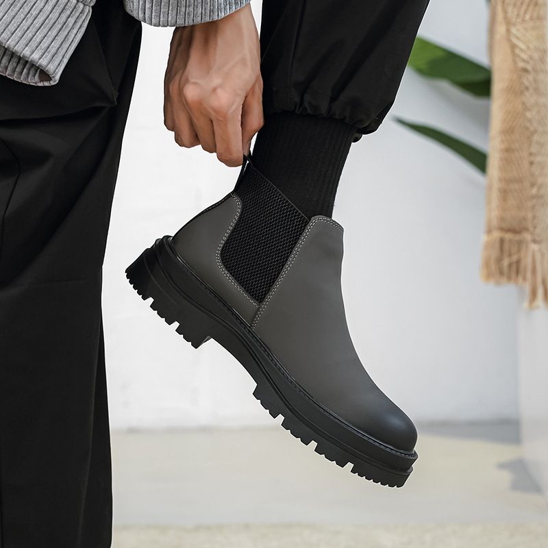 Retro Tooling Boots Thick-soled Heightened Lazy Foot-covering Martin Boots Genuine Leather Chelsea Short Boots_voghion.com