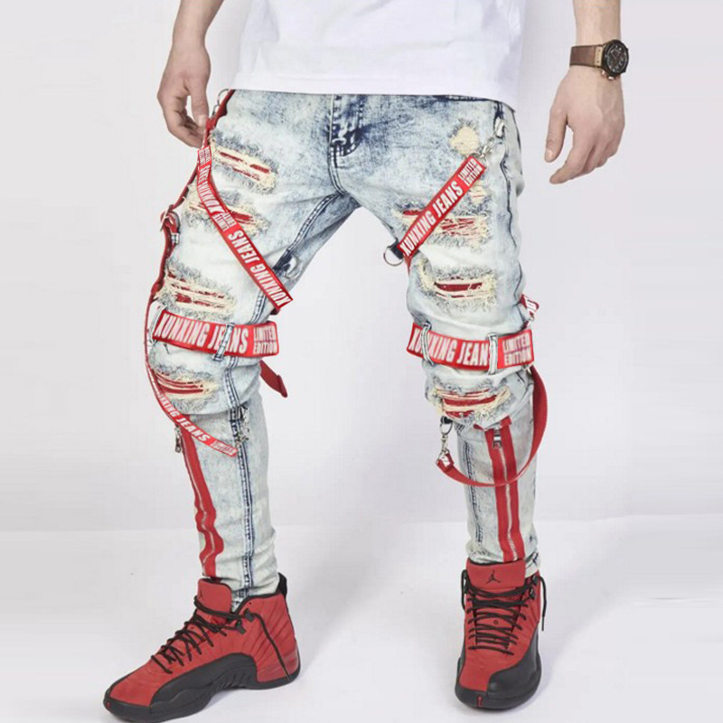Jean avec ruban en tissu autocollant, avec pieds cassés, fermeture éclair, vêtements Slim pour hommes, à la mode, 2021_voghion.com