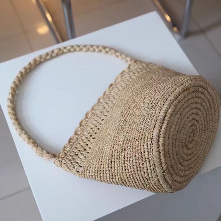 Borsa a secchiello da spiaggia in rafia intrecciata, stile francese, stile coreano, fatta a mano all'uncinetto, stile blogger_voghion.com