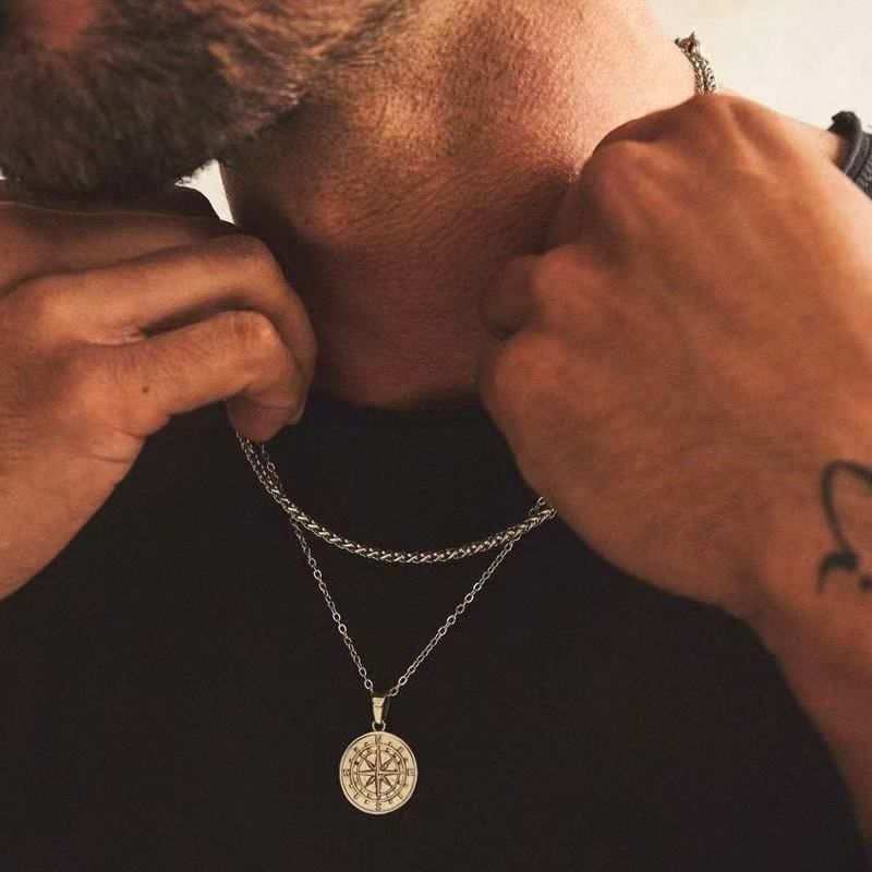 Men's Jewelry Compass Pendant Necklace Double Layer Stacking Sailing Travel Clavicle Chain Jewelry_voghion.com