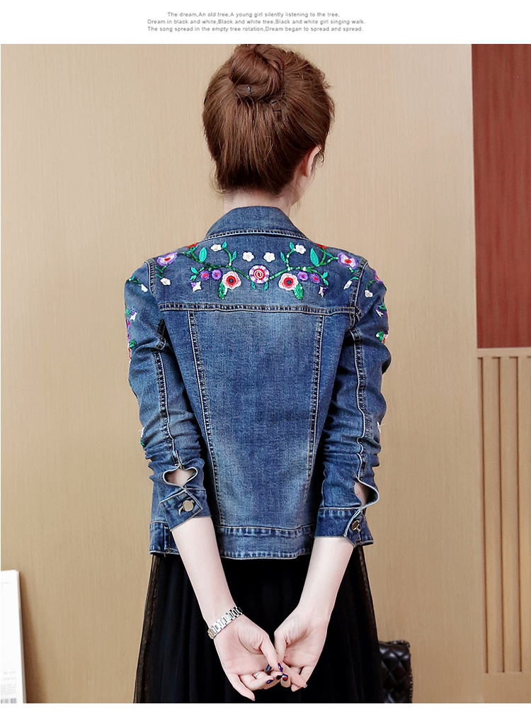 Dámský květinový výšivkový krátký denim jack elegantní jednořadý štíhlý džínový kabát jaro podzimní svrchní oblečení základní_voghion.com