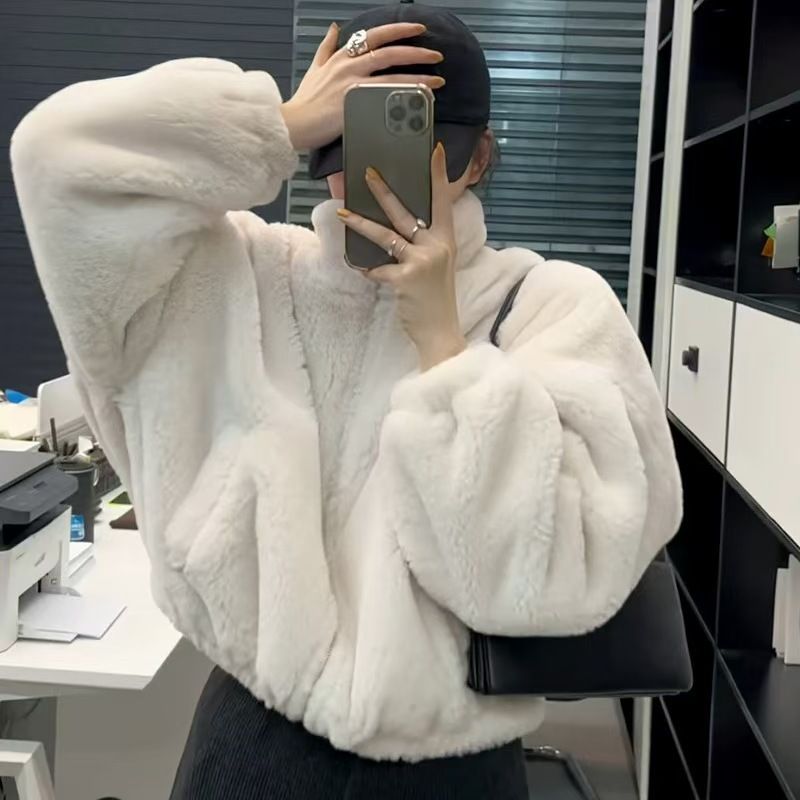 Chaqueta polar acogedora para mujer, abrigo corto de invierno con cuello alto, suave forro polar, chaqueta holgada y cálida con cremallera para looks casuales._voghion.com