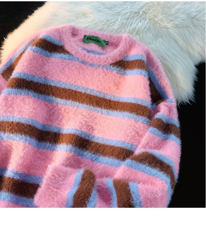 Pull en tricot à col rond paresseux et urieux de marque tendance d'hiver à rayures rétro américaines pour couples_voghion.com