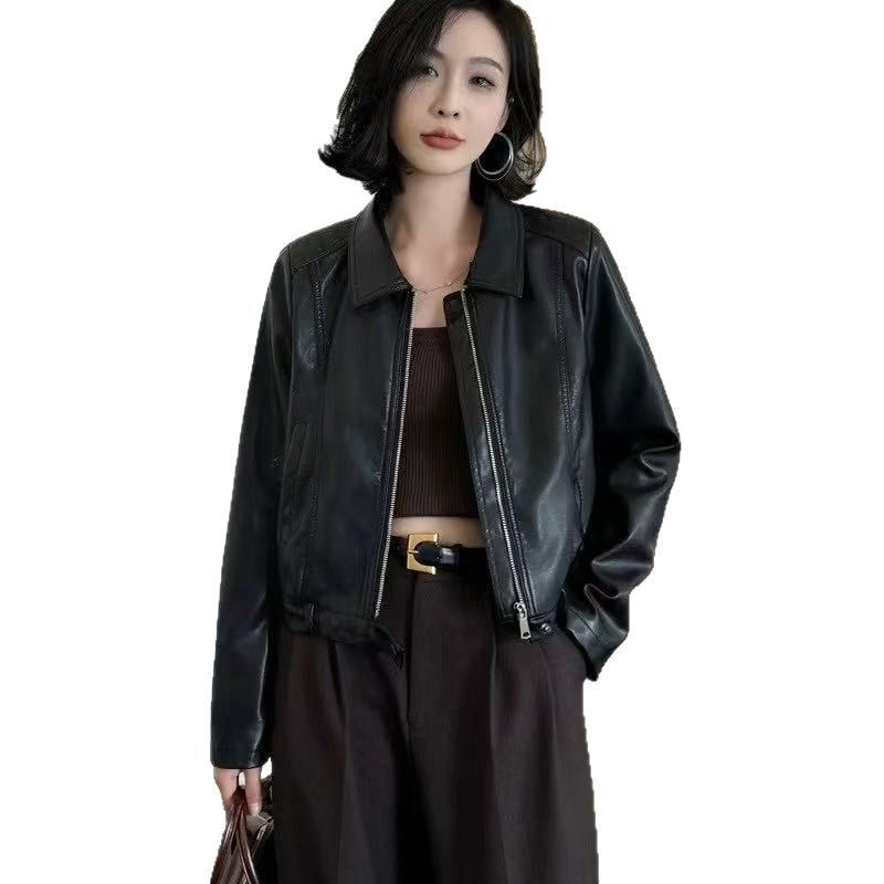 Veste courte en cuir ample à col rabattu pour femme, style haut de gamme, nouvelle collection 2025_voghion.com