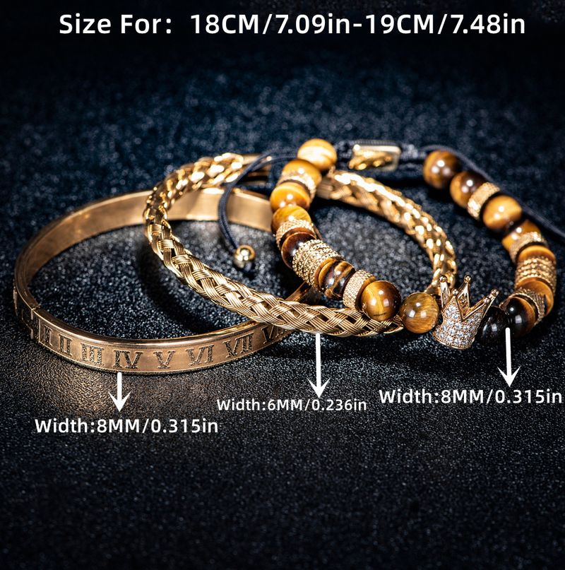 Men's Jewelry Crown & Tiger Eye Beaded Bracelet Set - Stainless Steel Micro-Pave Diamond Accent Hand Chain For Trendy Style Hand Jewelry_voghion.com