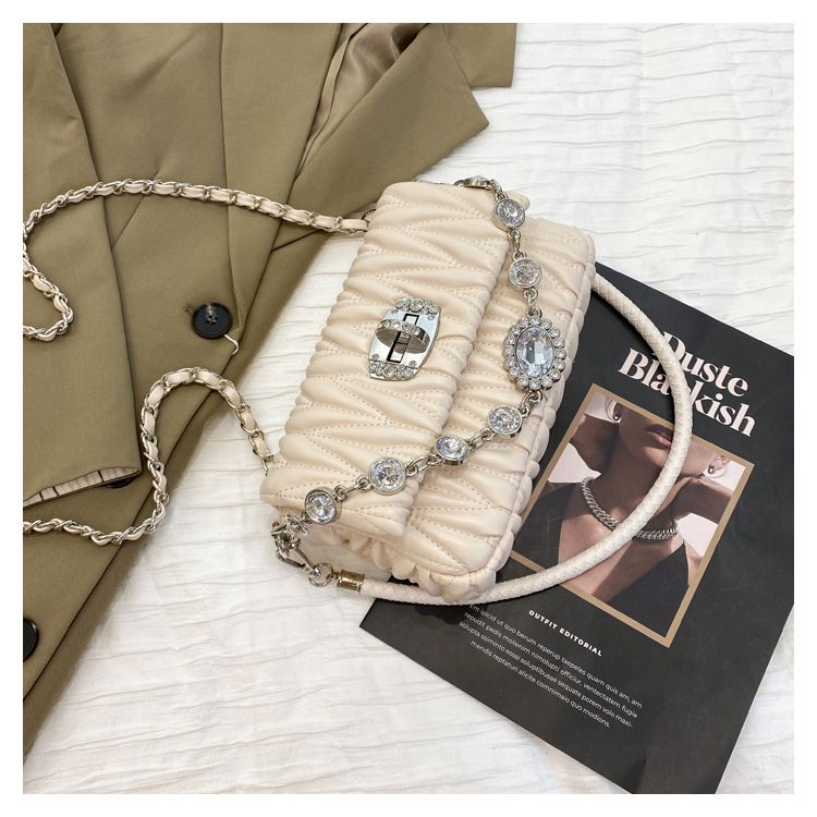 Fashionable and versatile niche chain bag one shoulder pleated diamond small fragrance style net celebrity ladies small bag ins shoulder bag_voghion.com