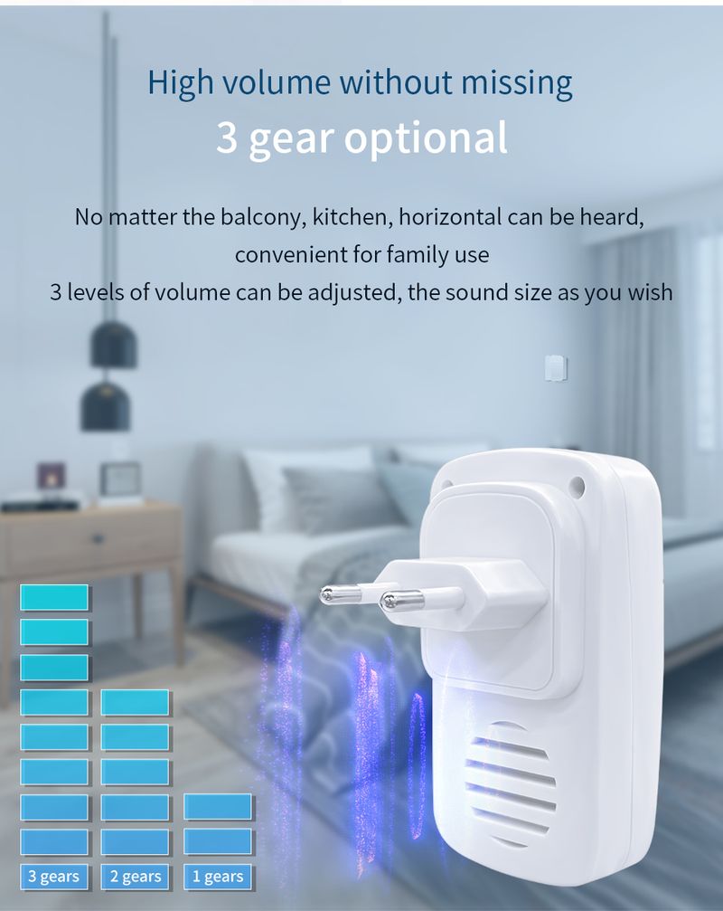 Timbre inalámbrico para exteriores, enchufe EE. UU./UE, 38 tonos de llamada, resistente al agua, alcance de 150 m, kit para casa, timbre Veltsome Chime para el hogar._voghion.com