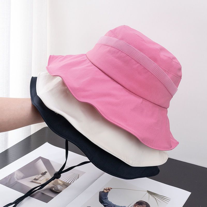 Women's Red Drawstring Strap Bucket Hat Outdoor Thin Sun Hat_voghion.com
