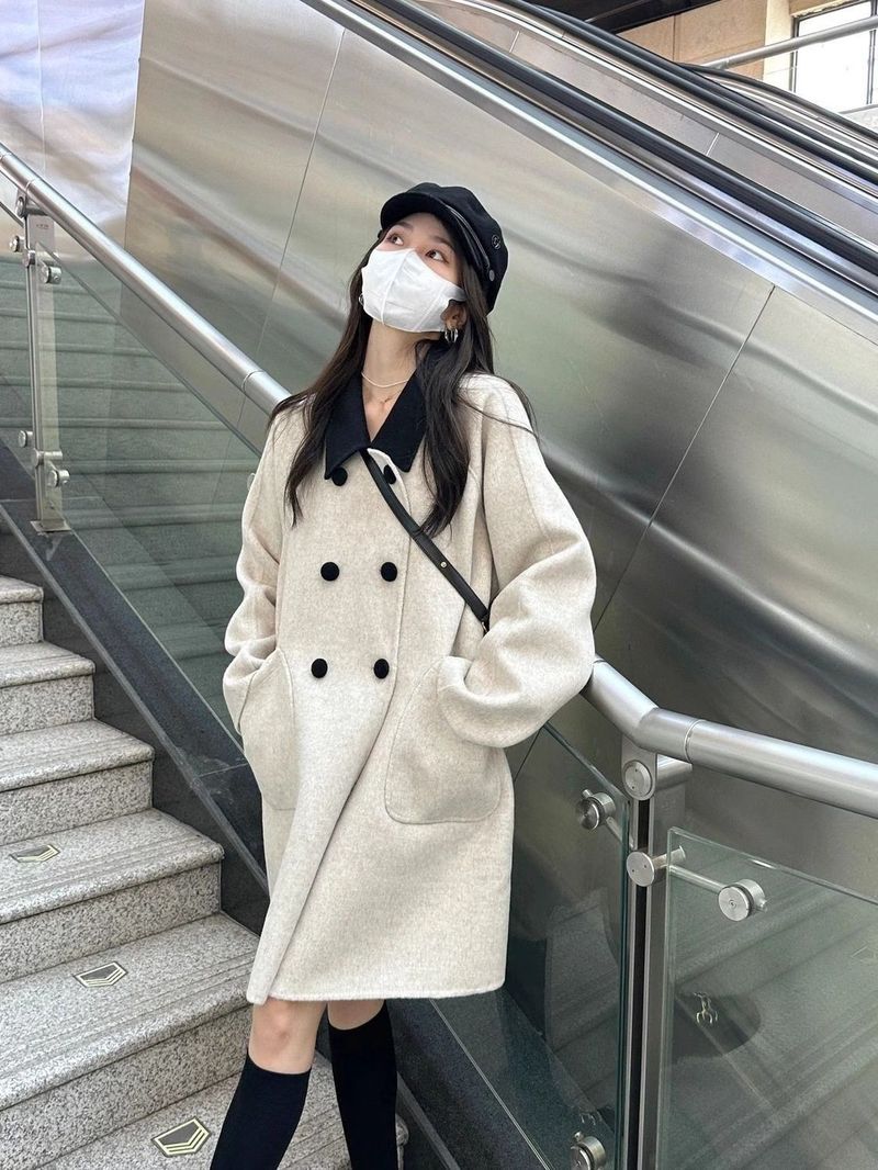 2024 mittellanger bis langer koreanischer Kontrast-Neumantel, Wollstoff für Damen, zweireihiges Spleißen im Hepburn-Stil, Herbst_voghion.com