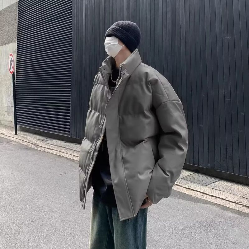 Bomberjacke aus PU-Leder mit Stehkragen – Kurzer, wattierter Herrenmantel, Winterjacke im Motorrad-Stil der High Street_voghion.com