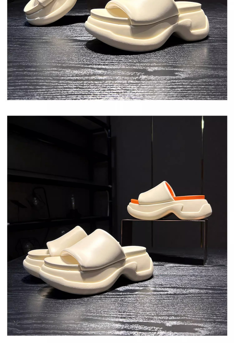 P Yaz Yeni Deri Slip On Terlik Kadın S Muffin Kalın Tabanlı Ekmek Ayakkabıları Renk Uyumlu Sandaletler ile Daha İnce ve Daha Uzun Görünüyor_voghion.com