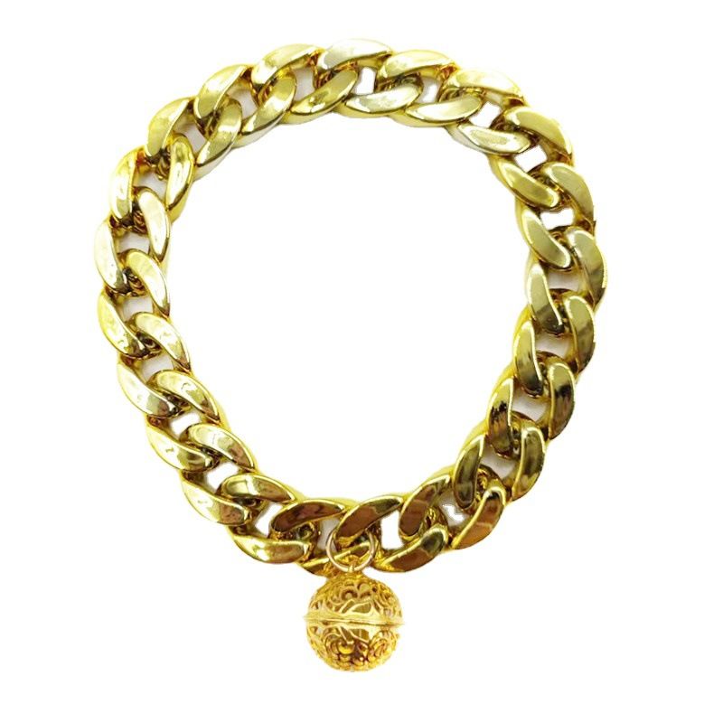 Coleira de cachorro oca para animais de estimação Teddy Corgi Bulldog Francês com sino de plástico, corrente grande dourada_voghion.com