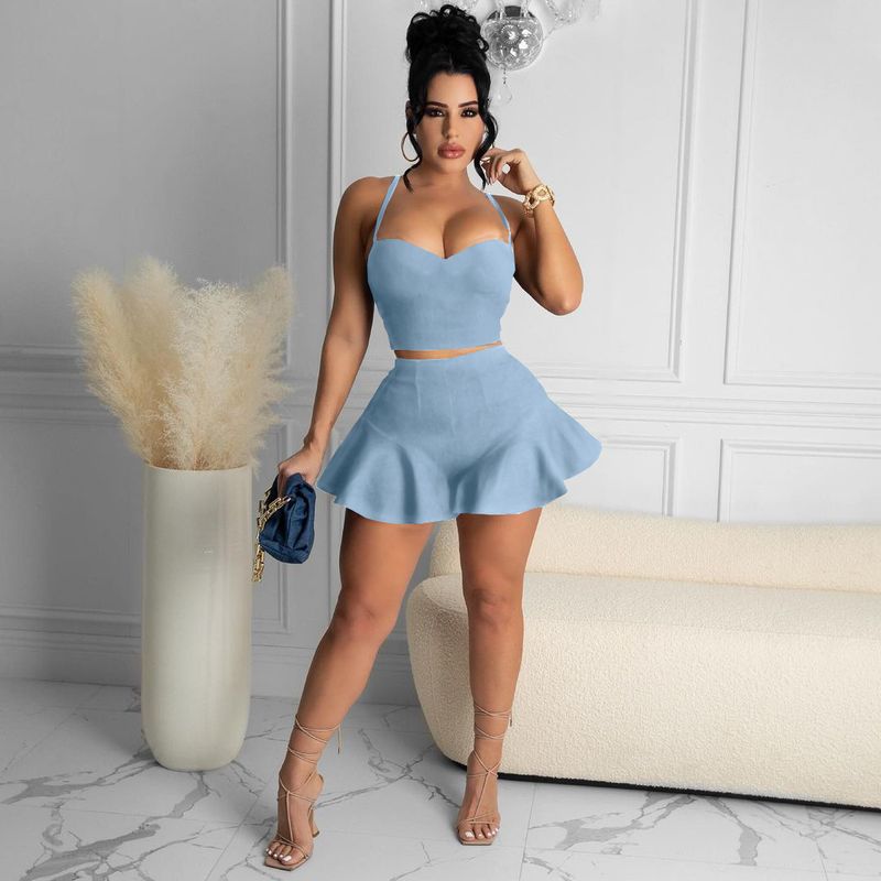 TK6181 Fashion Women's Clothing Casual Sexy Solid Color Slim Fit Ruffled Shorts Sports Set_voghion.com