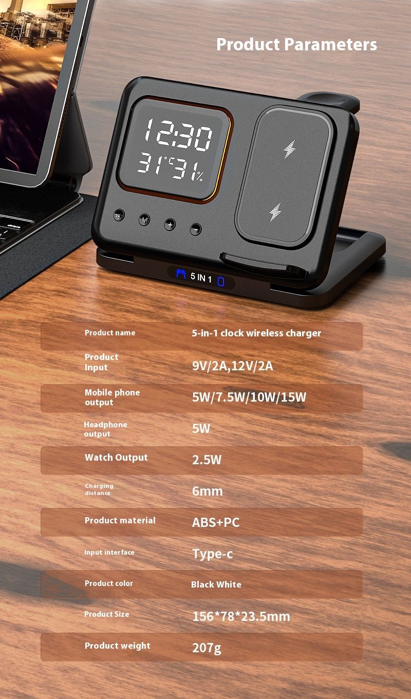 15W Drahtlose Ladegeräte Stehen 5 In1 LED Digital Wecker Schnelle Lade Dock Station_voghion.com