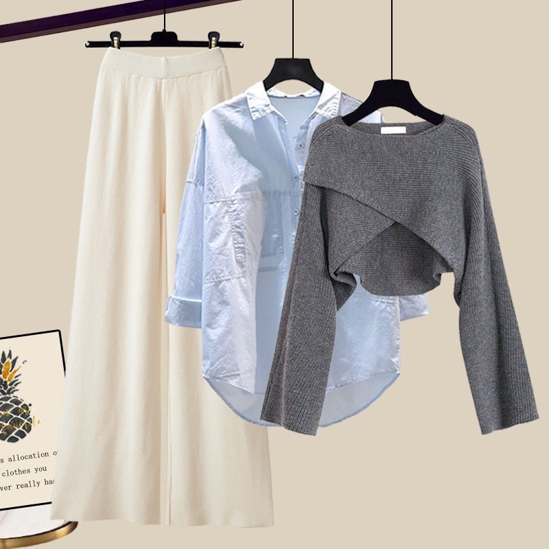 Women’s Clothing Fashion autumn suit women sweater women new large size women's shirt wide leg pants three piece knitted slim_voghion.com