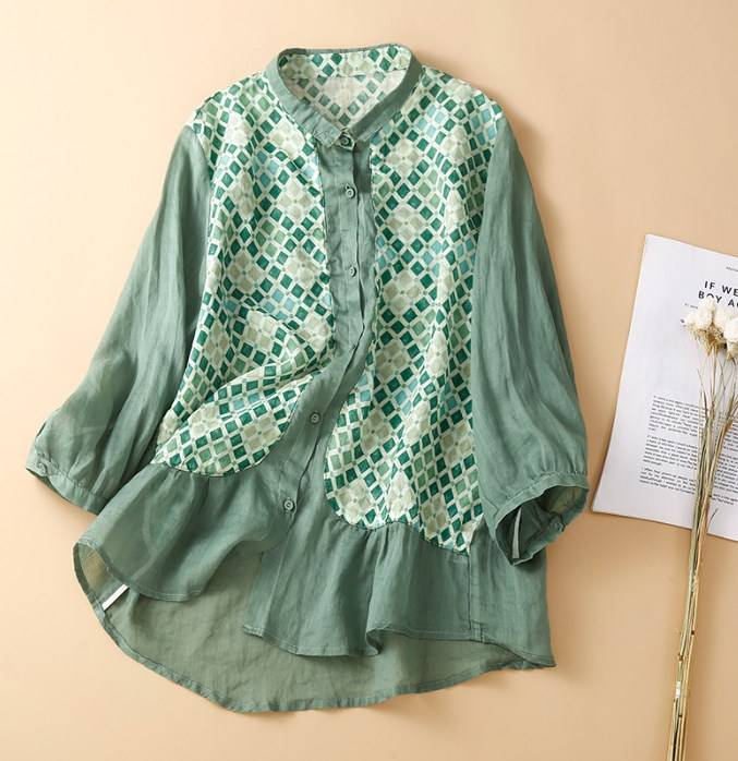 Camicia da donna con cuciture, manica a tre quarti in cotone e lino, sezione sottile, nuovo stile estivo 2022_voghion.com