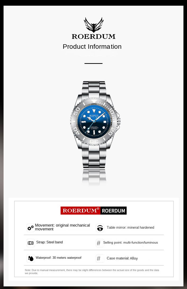 ROERDUM Phantom King Series - Bracciale in acciaio inossidabile, quadrante blu, display luminoso, orologio meccanico da uomo classico ed elegante_voghion.com