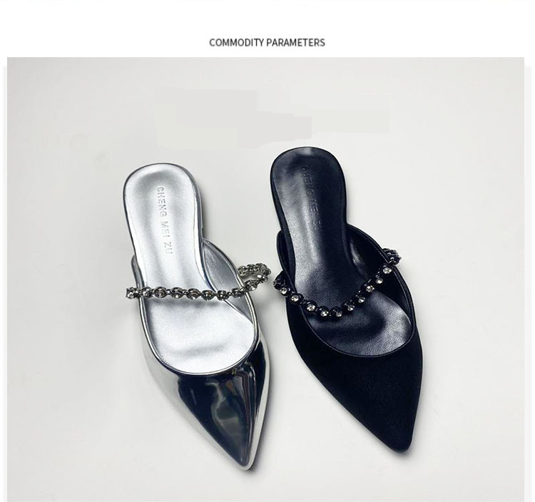 Damenschuhe Halbschuhe für Damen, Sommer-Outdoor-Bekleidung, neue flache Sandalen mit Einzelriemen, Edelsteinkette, spitze Zehenpartie_voghion.com
