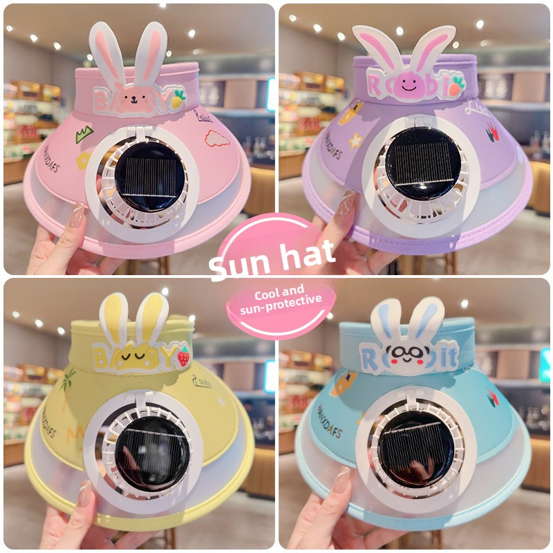 Kids Solar-Powered Bunny Ear Cooling Hat - Cartoon Sun Cap With Built-in Fan (UV Protection Adjustable For Outdoor Play Lightweight & Breathable)_voghion.com