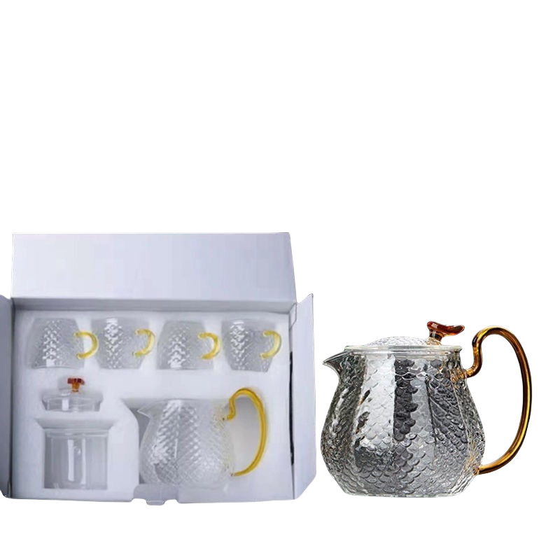 Gehamerde glazen theepotset met 4 kopjes - hittebestendig, explosieveilig en draagbaar theezetapparaat van borosilicaat voor kantoor/thuis, roestvrijstalen filter_voghion.com