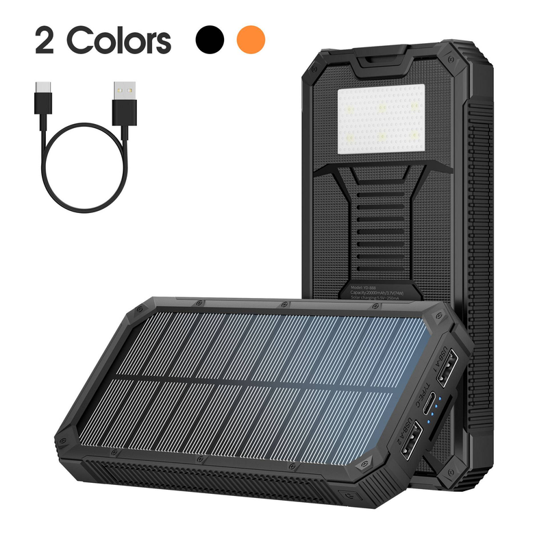 20000mAh Solar Power Bank With 10W Fast Charging, Portable Outdoor Camping Battery Pack For Hiking, Travel, Emergency (Black/Black-Orange)_voghion.com