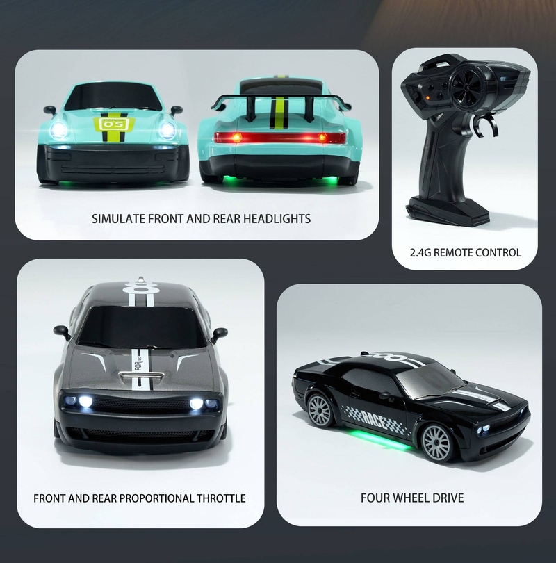 Coche de control remoto RC profesional con tracción en las cuatro ruedas, luces de carreras de derrape de alta velocidad, coche de carreras de derrape para niños, juguetes de coche de control remoto_voghion.com