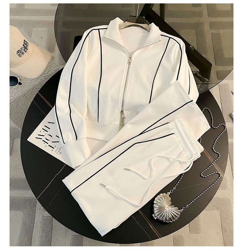 Dames sportpak mode casual leeftijdsverminderende stijlvolle rits sweatshirt wijde pijpen broek tweedelig set_voghion.com