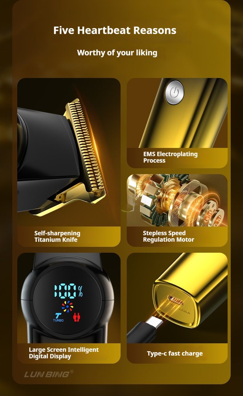 Professional Hair Clipper - LED Display, Self-Sharpening Stainless Steel Blades, Cordless With 180min Runtime, Low Noise (36dB)_voghion.com
