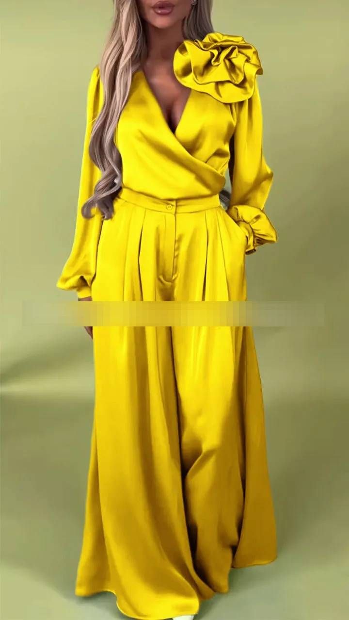 Completo elegante con camicetta in raso e pantaloni a gamba larga – Top con maniche a lanterna e pantaloni fluidi, completo in due pezzi in poliestere per donna (10 colori, dalla XS alla XXXL)_voghion.com