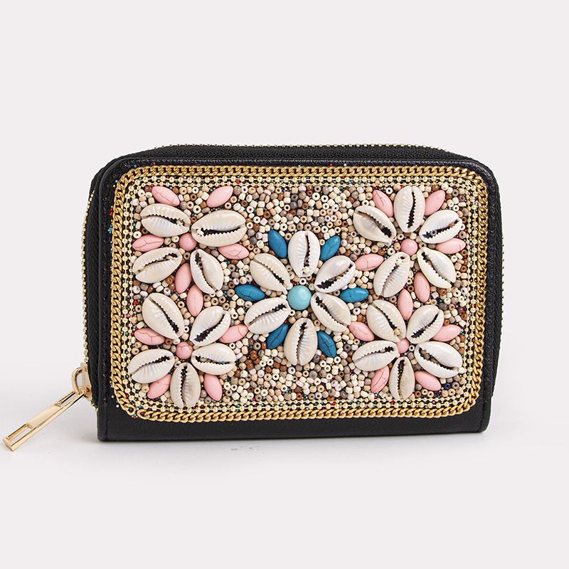 Geldbörse, Brieftasche, Clutch, böhmischer Stil, Reisperlen, Schmetterlingsblumen, exquisite Pu-Reißverschluss-Kartentasche, kleine Geldbörse, Geldbörse für Damen_voghion.com