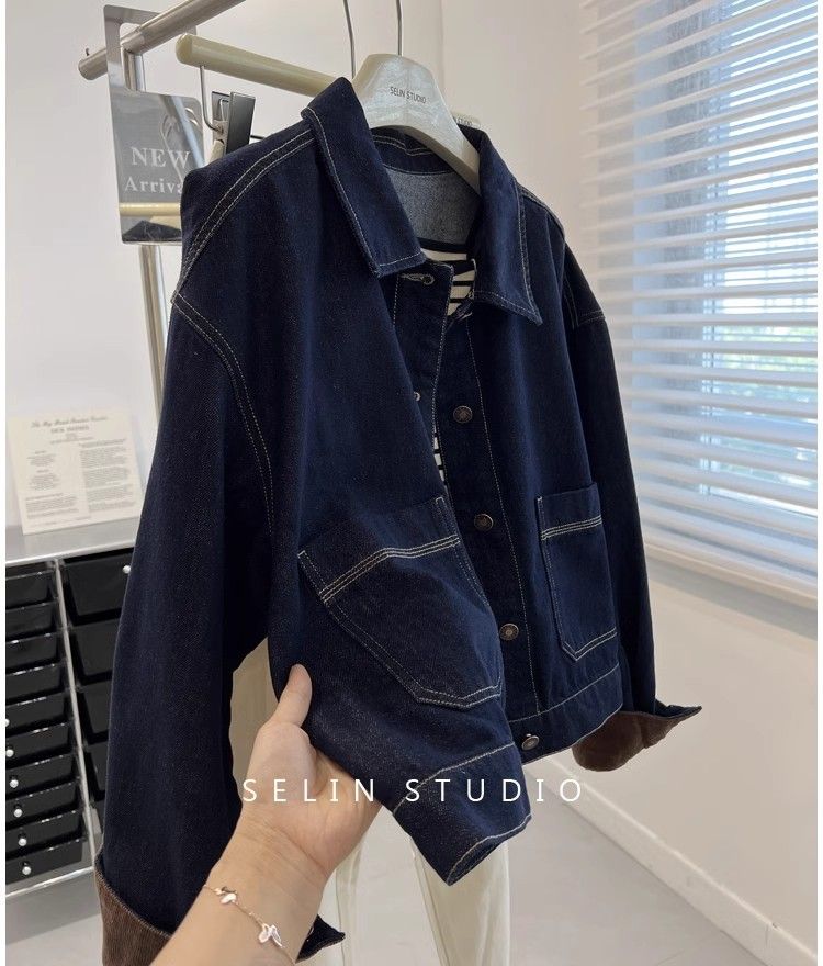 Giacca in denim oversize da donna - Stile boyfriend retrò, blu scuro, vestibilità comoda, cappotto casual unisex per l'autunno_voghion.com