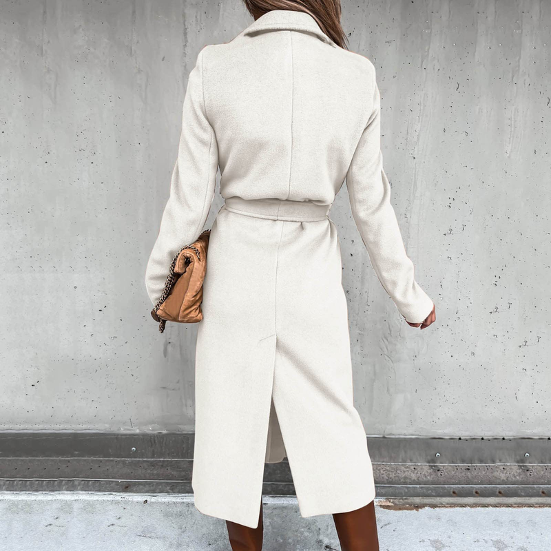Autumn and winter women's solid color lapel long-sleeved woolen jacket simple strappy windbreaker_voghion.com