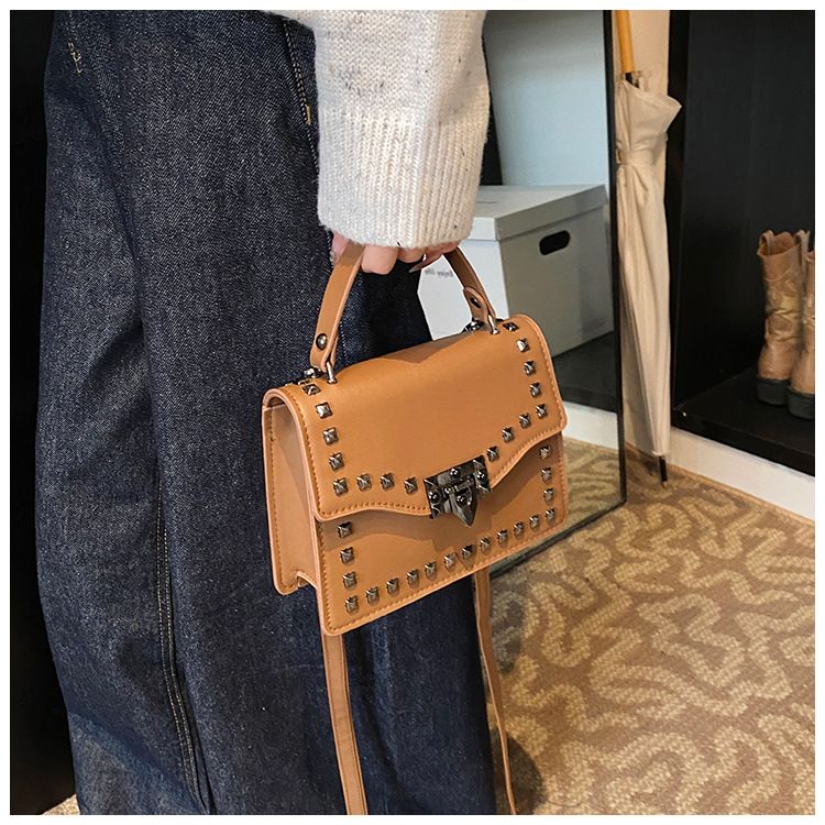 Women's Studded Clutch Bag - Spring PU Small Handbag With Flap Closure (Black, Brown, Beige, White)_voghion.com