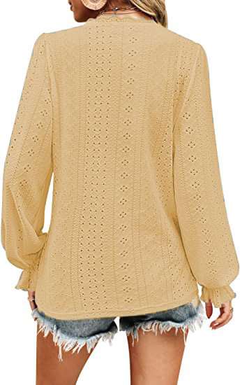 T-Shirt mit V-Ausschnitt, Herbst, hohl, lässig, mit plissierten Ärmeln_voghion.com