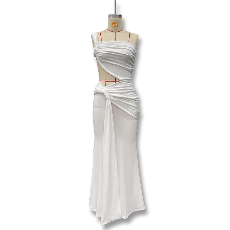 Abito lungo arricciato con lacci, tinta unita, alla moda, con schiena scoperta, monospalla, estivo 2025_voghion.com
