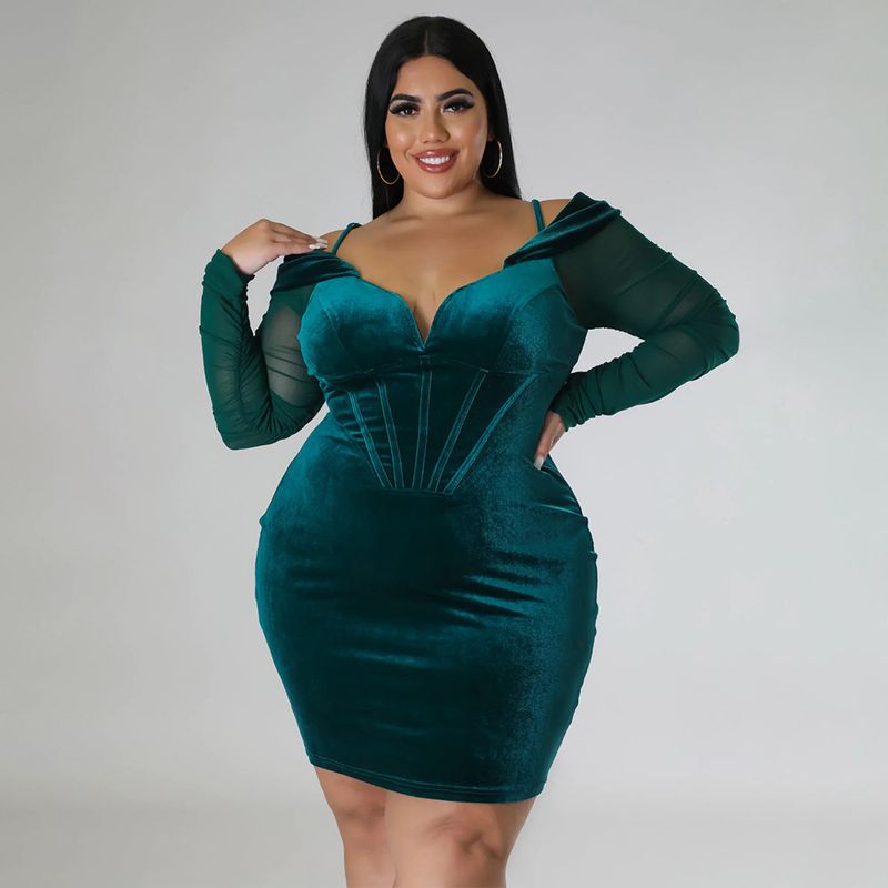 Women's Clothing large size velvet fabric dress Sexy V-neck hip-hugging large size dress see-through long sleeves_voghion.com