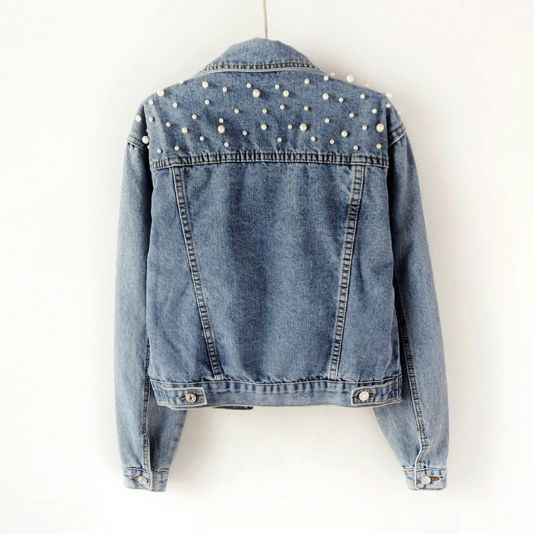 Chaqueta vaquera de manga larga para mujer, chaqueta vaquera holgada con botones y perlas, solapa corta, informal salvaje, entrega rápida, novedad de otoño de 2023_voghion.com