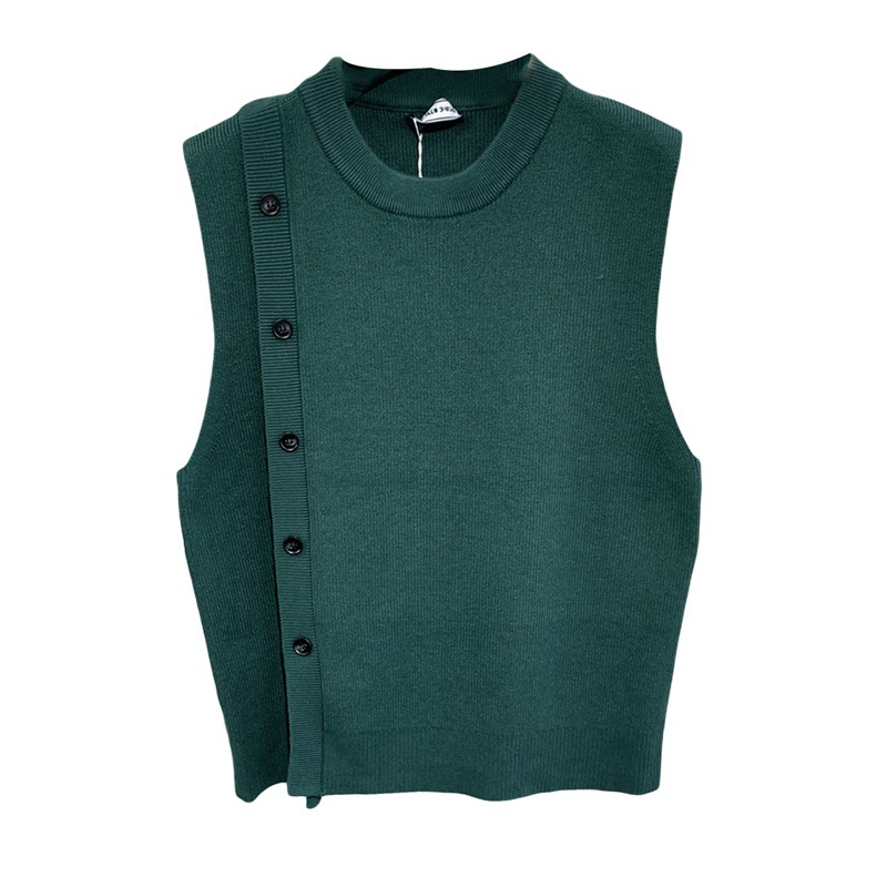 South Korea Autumn Winter Personalized Button Decorated Vest Men's Casual Solid Color Sleeveless Round Neck Pullover_voghion.com