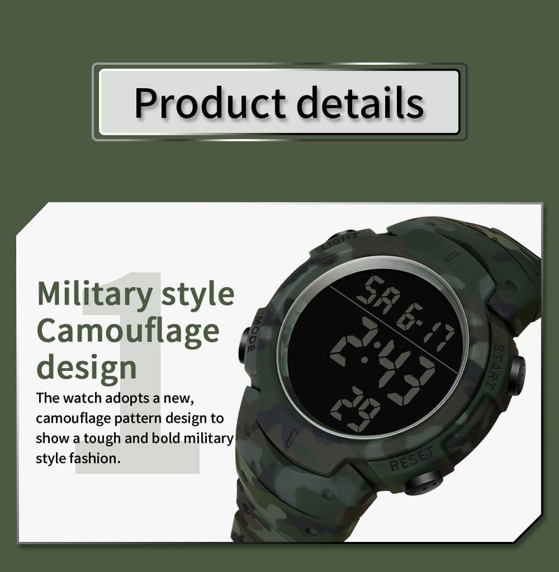 Sport Digital Watch With 50m Waterproof, LED Backlight, Alarm, Stopwatch, Military Camouflage Design For Outdoor Swimming And Daily Wear_voghion.com