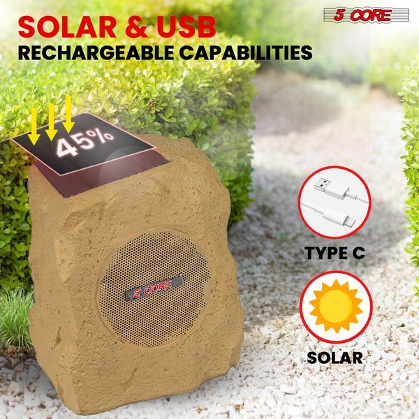 5 Core Rock Speaker Outdoor Waterproof Bluetooth Garden Speakers Solar & USB Charging RGB Colors For Patio Pool & Home_voghion.com