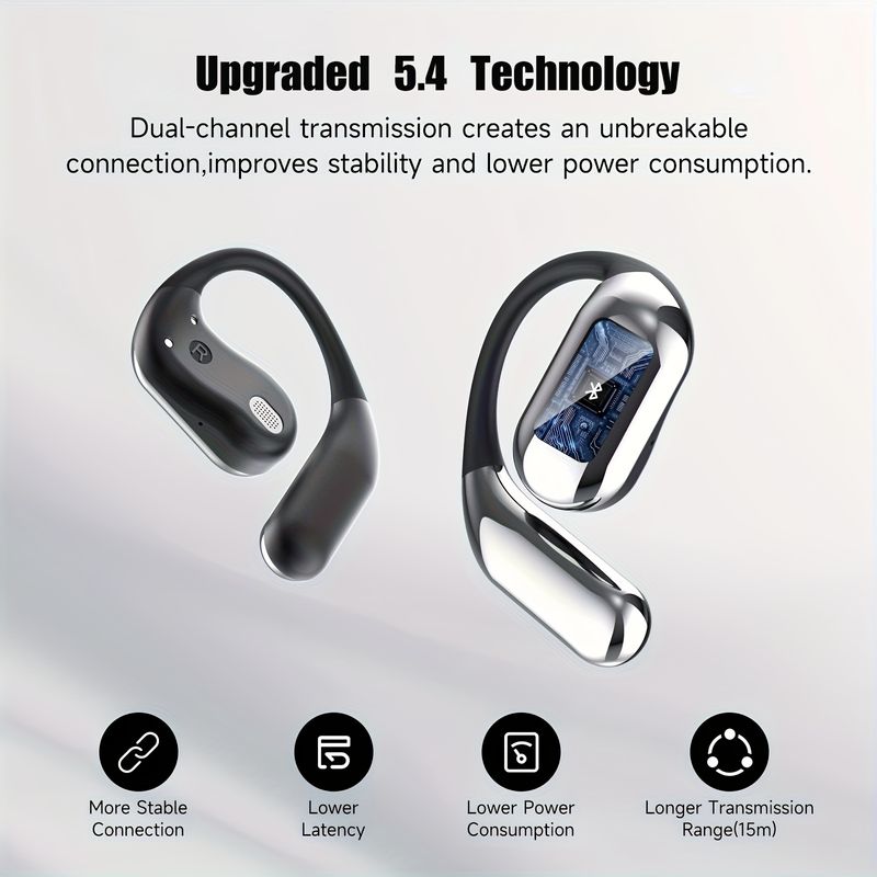Open BT 5.4 Headphones, Wireless Earbuds Sport Over Earphones Built-in Mic with Hooks 50H Playtime Ear Buds LED Display_voghion.com