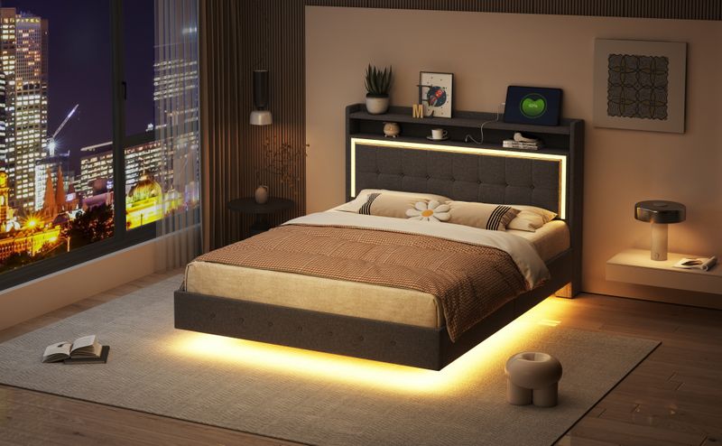 Polsterbett 140x200cm Con USB, LED, Fußen Versteckten, Leinenstoff Grau_voghion.com