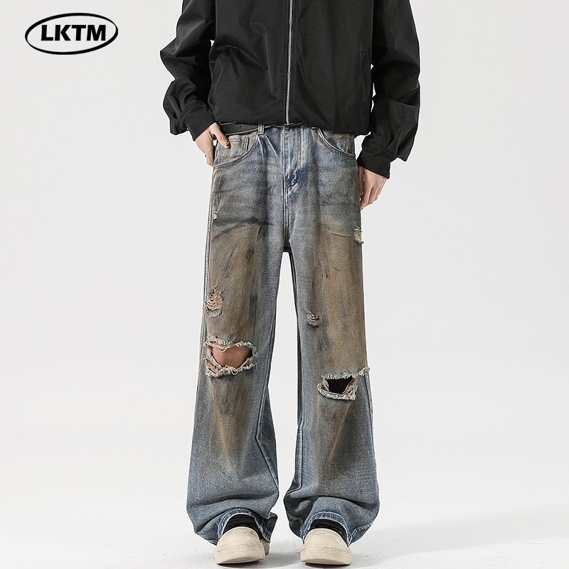 LKTM Herrenbekleidung # Gewaschene, kaputte, gebrauchte, schmutzige, fleckige Jeans für Männer und Frauen, lockere, gerade Röhre, trendige Marke, hoch C5b_voghion.com