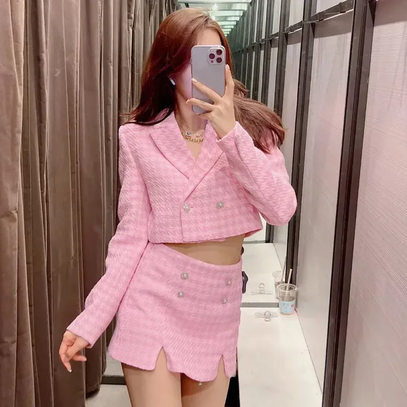 Two Piece Pink Mini Dress Designer Klacwaya Tweed Set 2-piece Fashionable Jacket Womens Shorts_voghion.com