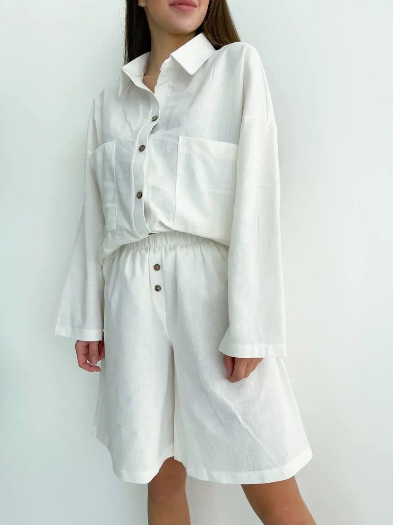 Abbigliamento donna camicia in cotone e lino ampia tinta unita camicia a maniche lunghe pantaloncini tuta_voghion.com