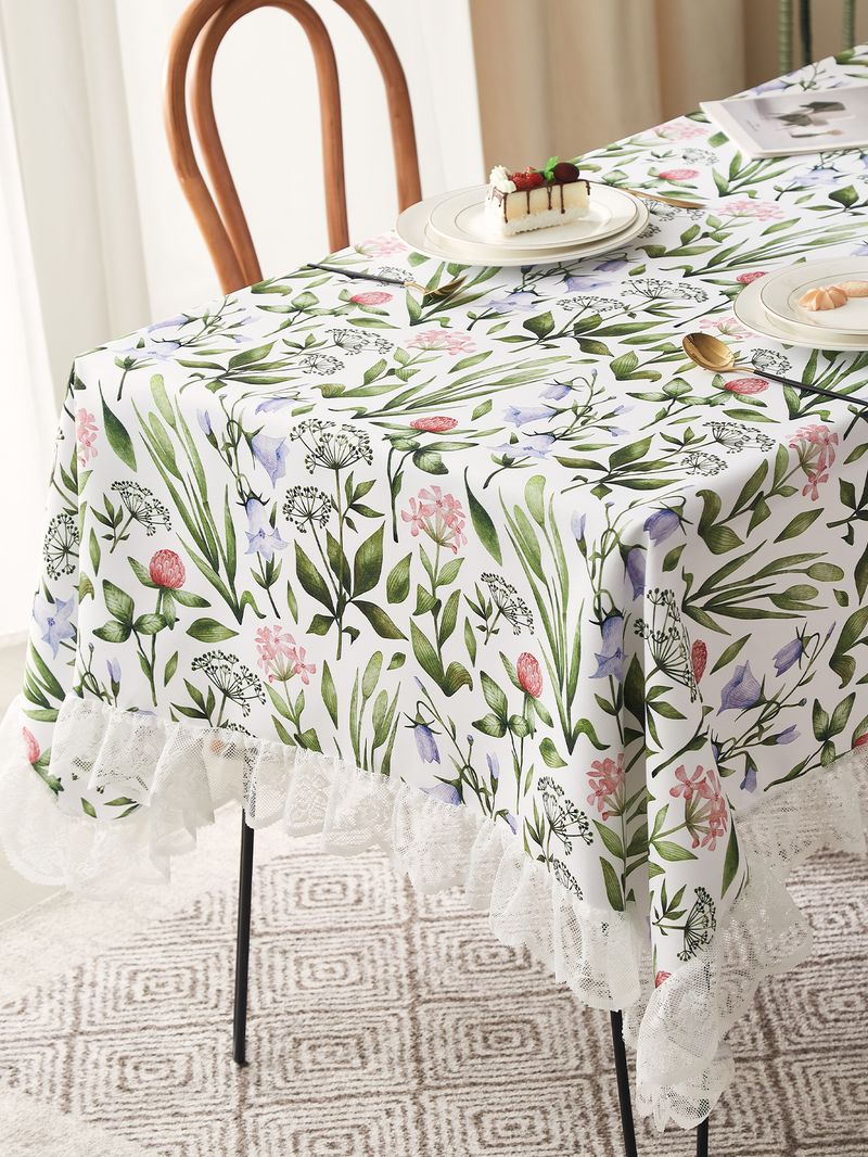 Vintage Abstract Floral Tablecloth – Polyester Lace-Trimmed Rectangular Table Cover For Dining & Coffee Tables (Non-Slip, Washable, Country Style)_voghion.com