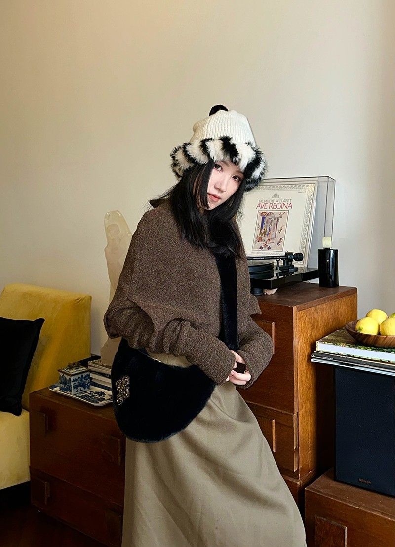 Duży pluszowy kapelusz damski, uroczy kapelusz w kształcie kuli dla dziewczynek na jesień i zimę, wyszczuplający dzianinowy kapelusz_voghion.com