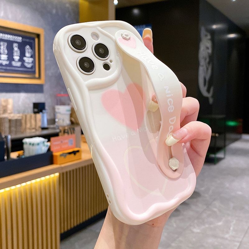 Love Heart Wrist Strap Case For IPhone 16 15 14 13 12 11 Pro Max X Xs Max XR 16E 7 8 Plus Soft TPU Phone Holder Cream Cover_voghion.com