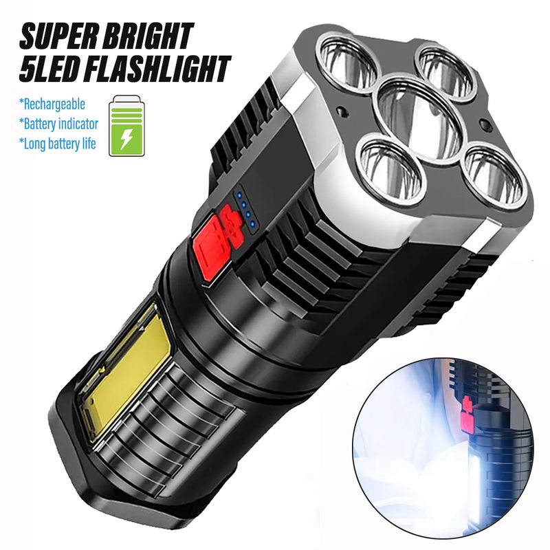 Torcia LED ad alta potenza 5 LED, faretto da campeggio ricaricabile con luce laterale, 3 modalità di illuminazione per avventure in campeggio all'aperto_voghion.com