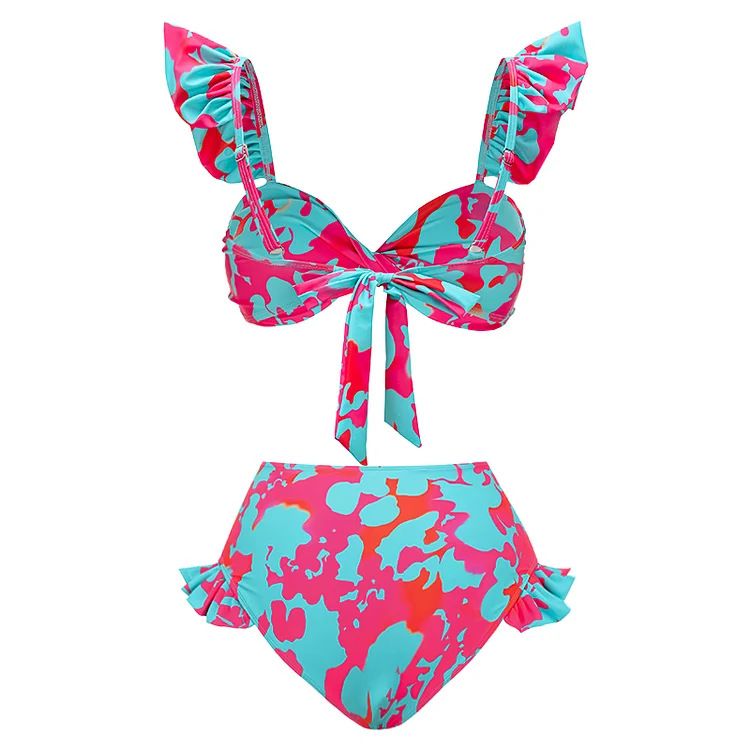 Bikini-Set mit hoher Taille für Damen – Zweiteiliger Badeanzug mit Rüschenmuster, geteiltes Design für den Strandurlaub_voghion.com